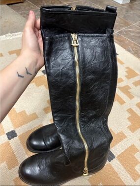 Jimmy Choo Black Leather Knee-High Boots with Gold Zipper